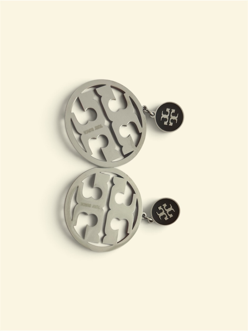 Tory Burch Silver and Black Cutout Logo Drop Earrings